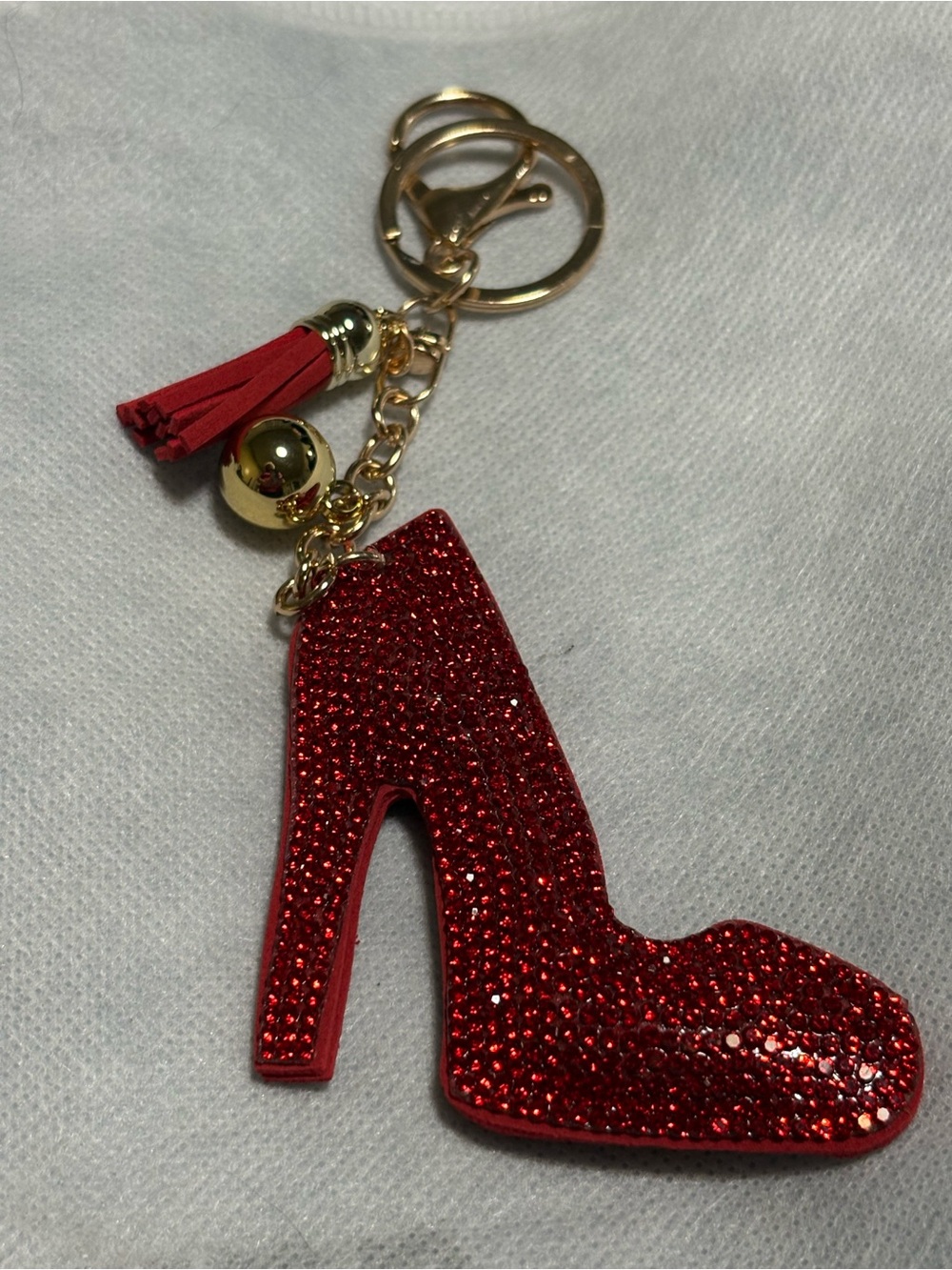 Bag Charm/keychain Embellished High Heel with Gold Chain and White Tassel
